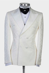 The Bespoke Peaked Lapel Double Breasted Men Suit is an essential part of any wardrobe. Whether you need a sharp business suit, a Custom design black tie evening look or a wedding or prom suit, you will find the perfect fit in Ballbella collection.Custom made this White Jacquard Double Breasted Peaked Lapel Wedding Suit for Men with rush order service.