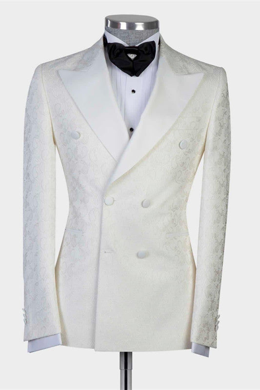 The Bespoke Peaked Lapel Double Breasted Men Suit is an essential part of any wardrobe. Whether you need a sharp business suit, a Custom design black tie evening look or a wedding or prom suit, you will find the perfect fit in Ballbella collection.Custom made this White Jacquard Double Breasted Peaked Lapel Wedding Suit for Men with rush order service.