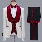 Ballbella is your ultimate source for White Jacquard Three Pieces Wedding Groom Men Suits with Velvet Lapel. Our White Shawl Lapel wedding groom Men Suits come in Bespoke styles &amp; colors with high quality and free shipping.