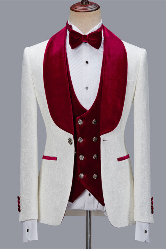 Ballbella is your ultimate source for White Jacquard Three Pieces Wedding Groom Men Suits with Velvet Lapel. Our White Shawl Lapel wedding groom Men Suits come in Bespoke styles &amp; colors with high quality and free shipping.