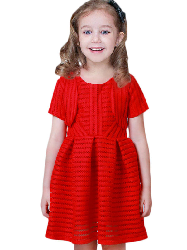 White Jewel Neck Cotton Blend Short Sleeves Tea-Length A-Line Pleated Kids Social Party Dresses-Ballbella