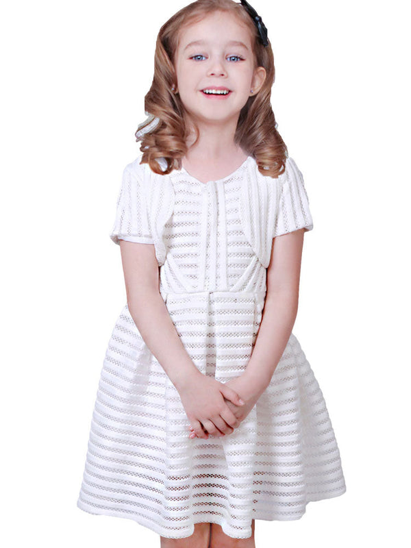 White Jewel Neck Cotton Blend Short Sleeves Tea-Length A-Line Pleated Kids Social Party Dresses-Ballbella