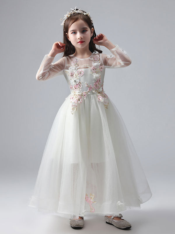 White Jewel Neck Long Sleeves Ankle-Length Princess Dress Tulle Flowers Beaded Embroidered Formal Kids Pageant flower girl dresses-Ballbella