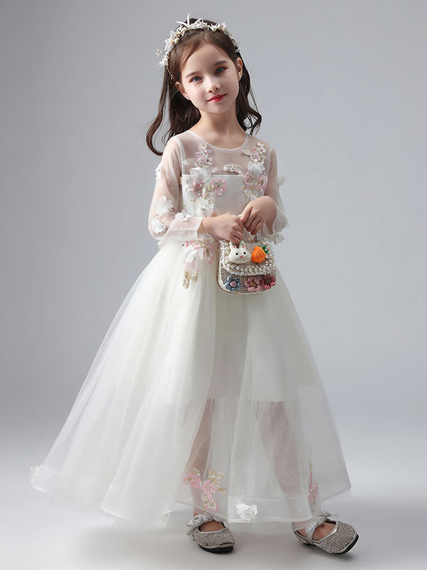 White Jewel Neck Long Sleeves Ankle-Length Princess Dress Tulle Flowers Beaded Embroidered Formal Kids Pageant flower girl dresses-Ballbella