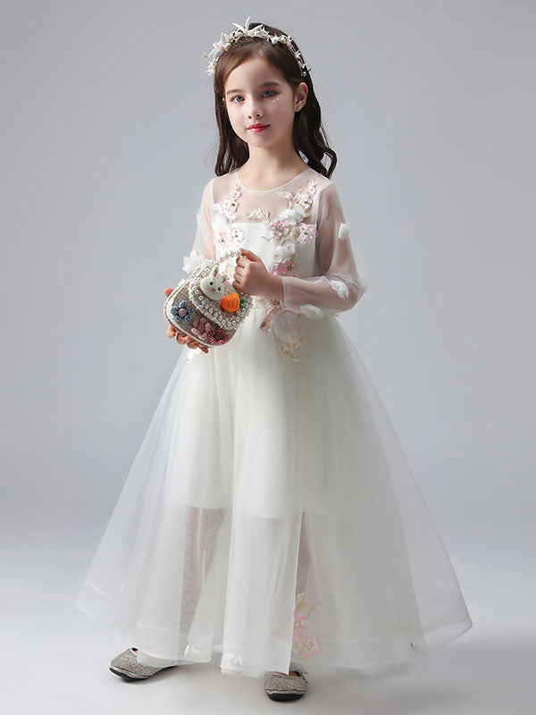 White Jewel Neck Long Sleeves Ankle-Length Princess Dress Tulle Flowers Beaded Embroidered Formal Kids Pageant flower girl dresses-Ballbella