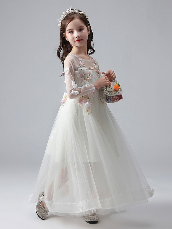 White Jewel Neck Long Sleeves Ankle-Length Princess Dress Tulle Flowers Beaded Embroidered Formal Kids Pageant flower girl dresses-Ballbella