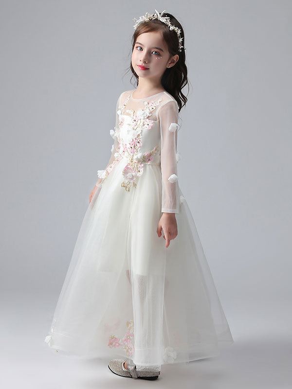 White Jewel Neck Long Sleeves Ankle-Length Princess Dress Tulle Flowers Beaded Embroidered Formal Kids Pageant flower girl dresses-Ballbella