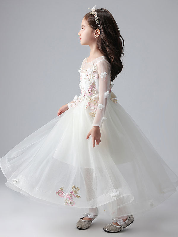 White Jewel Neck Long Sleeves Ankle-Length Princess Dress Tulle Flowers Beaded Embroidered Formal Kids Pageant flower girl dresses-Ballbella