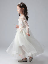 White Jewel Neck Long Sleeves Ankle-Length Princess Dress Tulle Flowers Beaded Embroidered Formal Kids Pageant flower girl dresses-Ballbella