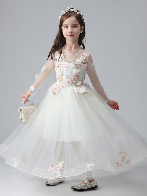 White Jewel Neck Long Sleeves Ankle-Length Princess Dress Tulle Flowers Beaded Embroidered Formal Kids Pageant flower girl dresses-Ballbella