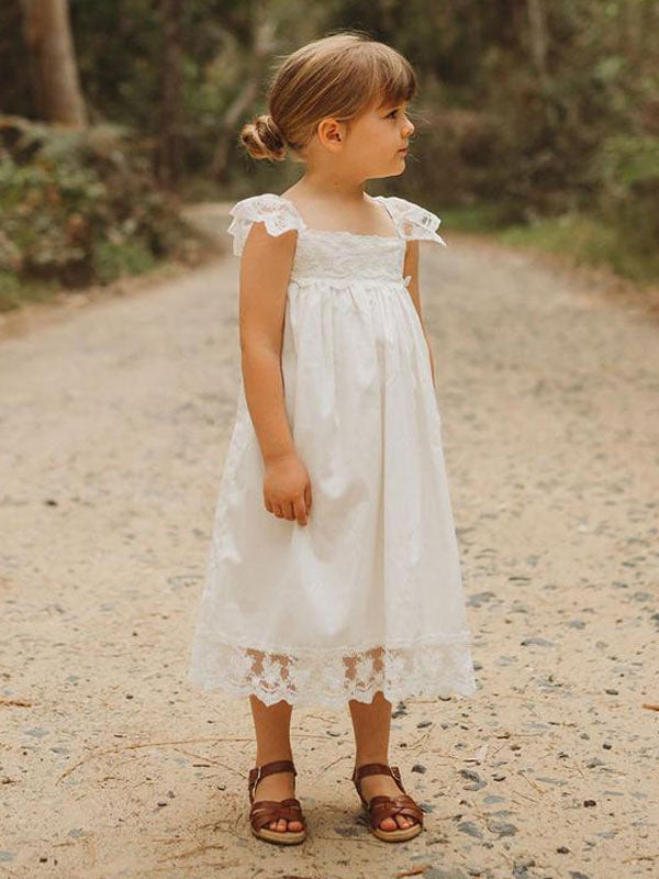 White Jewel Neck Sleeveless Lace Kids Social Party Dresses-Ballbella