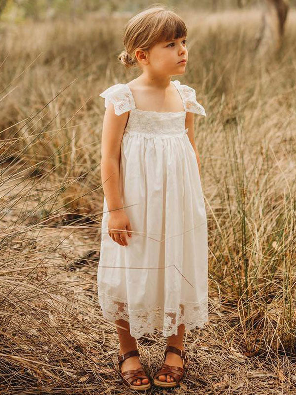 White Jewel Neck Sleeveless Lace Kids Social Party Dresses-Ballbella