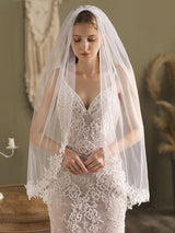 White Lace Tulle Veil Applique Edge Drop Wedding Veil-Ballbella