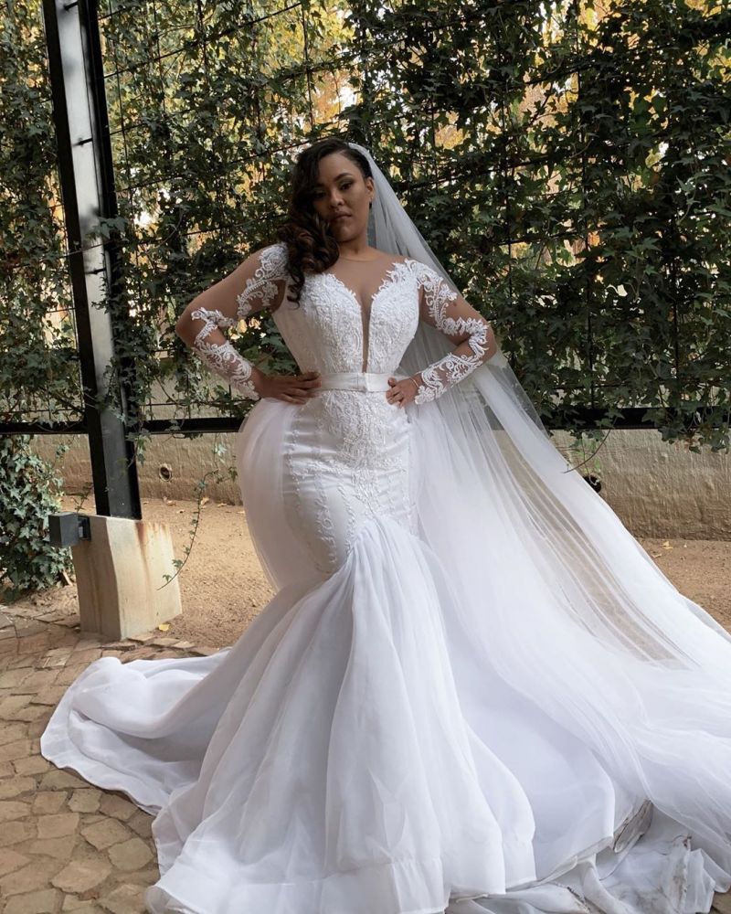 White Long Sleevess Plus size Mermaid Belt Wedding Dresses-Ballbella