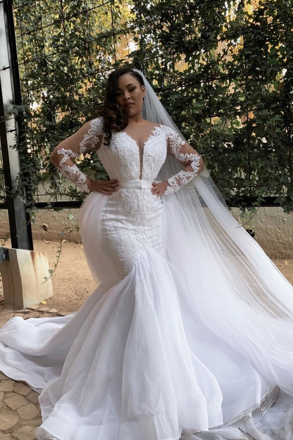 White Long Sleevess Plus size Mermaid Belt Wedding Dresses-Ballbella