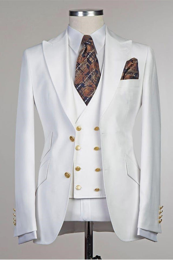 The Bespoke Peaked Lapel Single Breasted Men Suit is an essential part of any wardrobe. Whether you need a sharp business suit, a Custom design black tie evening look or a wedding or prom suit, you will find the perfect fit in Ballbella collection.Custom made this White Peaked Lapel Slim Fit Fashion Wedding Groom Suit with rush order service.