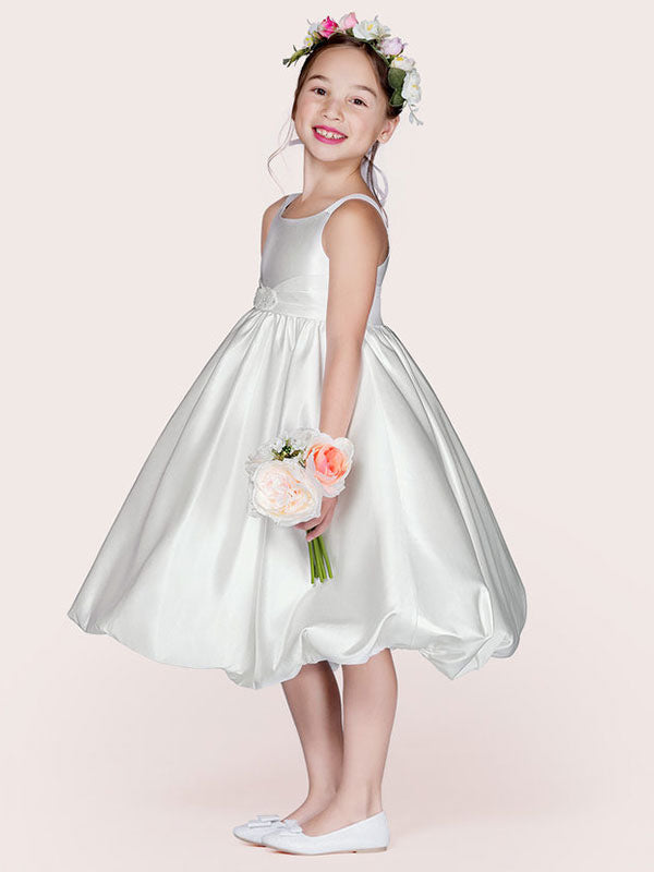 White Satin Fabric Jewel Neck Sleeveless Beaded Formal Kids Pageant flower girl dresses-Ballbella