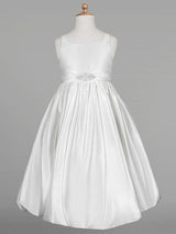 White Satin Fabric Jewel Neck Sleeveless Beaded Formal Kids Pageant flower girl dresses-Ballbella