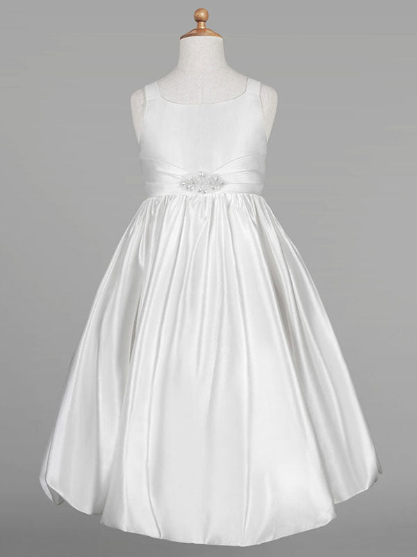 White Satin Fabric Jewel Neck Sleeveless Beaded Formal Kids Pageant flower girl dresses-Ballbella