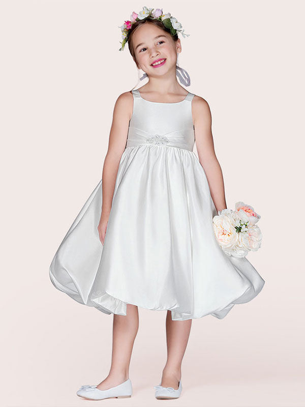 White Satin Fabric Jewel Neck Sleeveless Beaded Formal Kids Pageant flower girl dresses-Ballbella