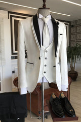 White Slim Fit Bespoke Wedding Men Suits with Black Shawl Lapel-Ballbella