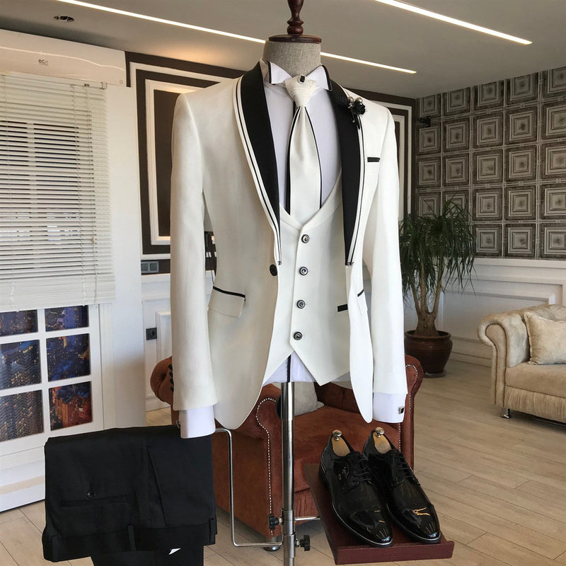 Ballbella is your ultimate source for White Slim Fit Bespoke Wedding Men Suits with Black Shawl Lapel. Our White Shawl Lapel wedding groom Men Suits come in Bespoke styles &amp; colors with high quality and free shipping.