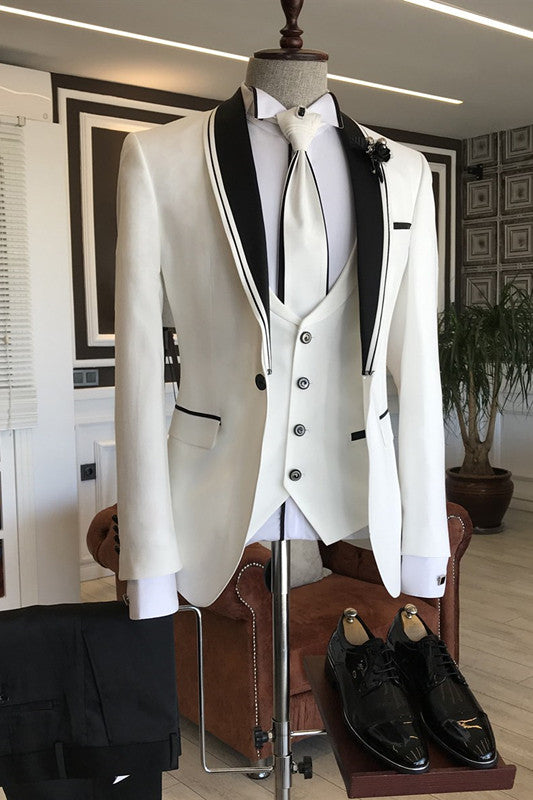 Ballbella is your ultimate source for White Slim Fit Bespoke Wedding Men Suits with Black Shawl Lapel. Our White Shawl Lapel wedding groom Men Suits come in Bespoke styles &amp; colors with high quality and free shipping.