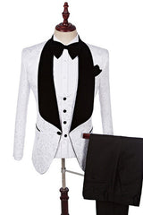 White Three Pieces Fashion Jacquard Shawl Lapel Wedding Suits-Ballbella