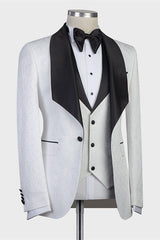 Ballbella custom made this White Three-pieces Jacaquard Wedding Groom Suits with Black Shawl Lapel with rush order service. Discover the design of this White Jacquard Shawl Lapel Single Breasted mens suits cheap for prom, wedding or formal business occasion.