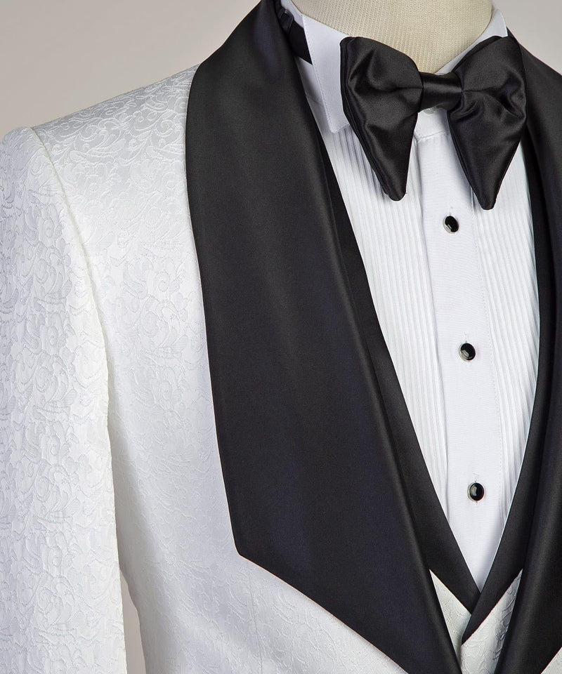 Ballbella custom made this White Three-pieces Jacaquard Wedding Groom Suits with Black Shawl Lapel with rush order service. Discover the design of this White Jacquard Shawl Lapel Single Breasted mens suits cheap for prom, wedding or formal business occasion.