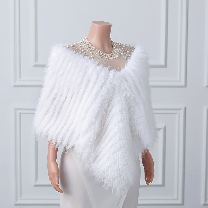 White V-neck Neckline Shawl Winter Wedding Shawl-Ballbella