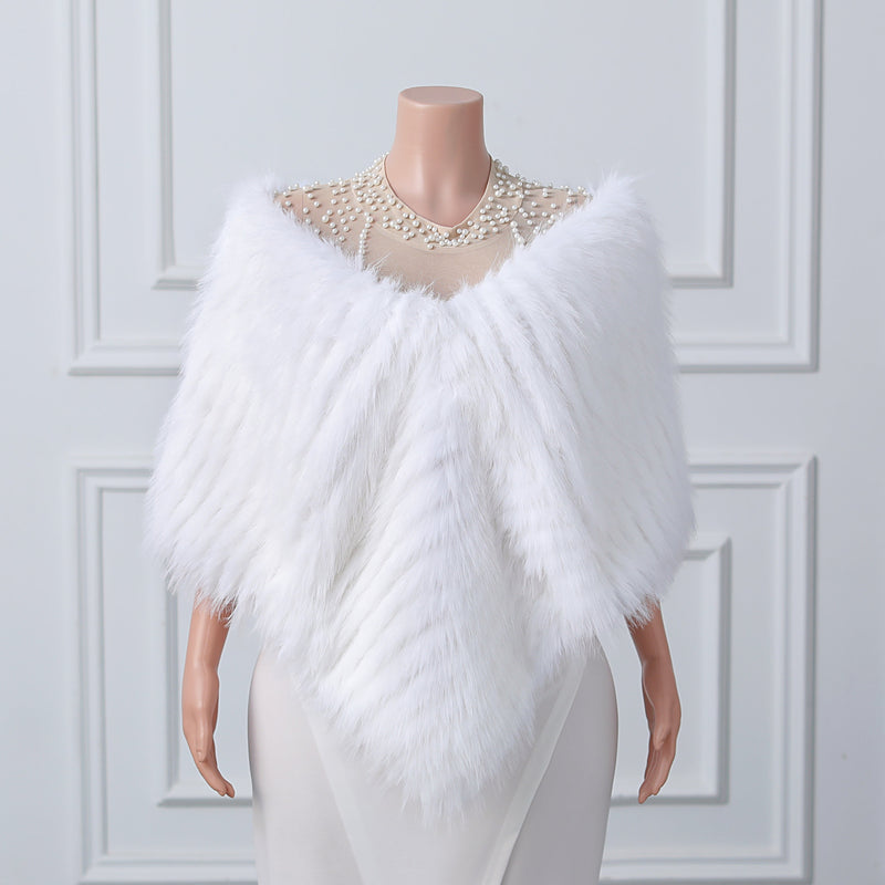 White V-neck Neckline Shawl Winter Wedding Shawl-Ballbella