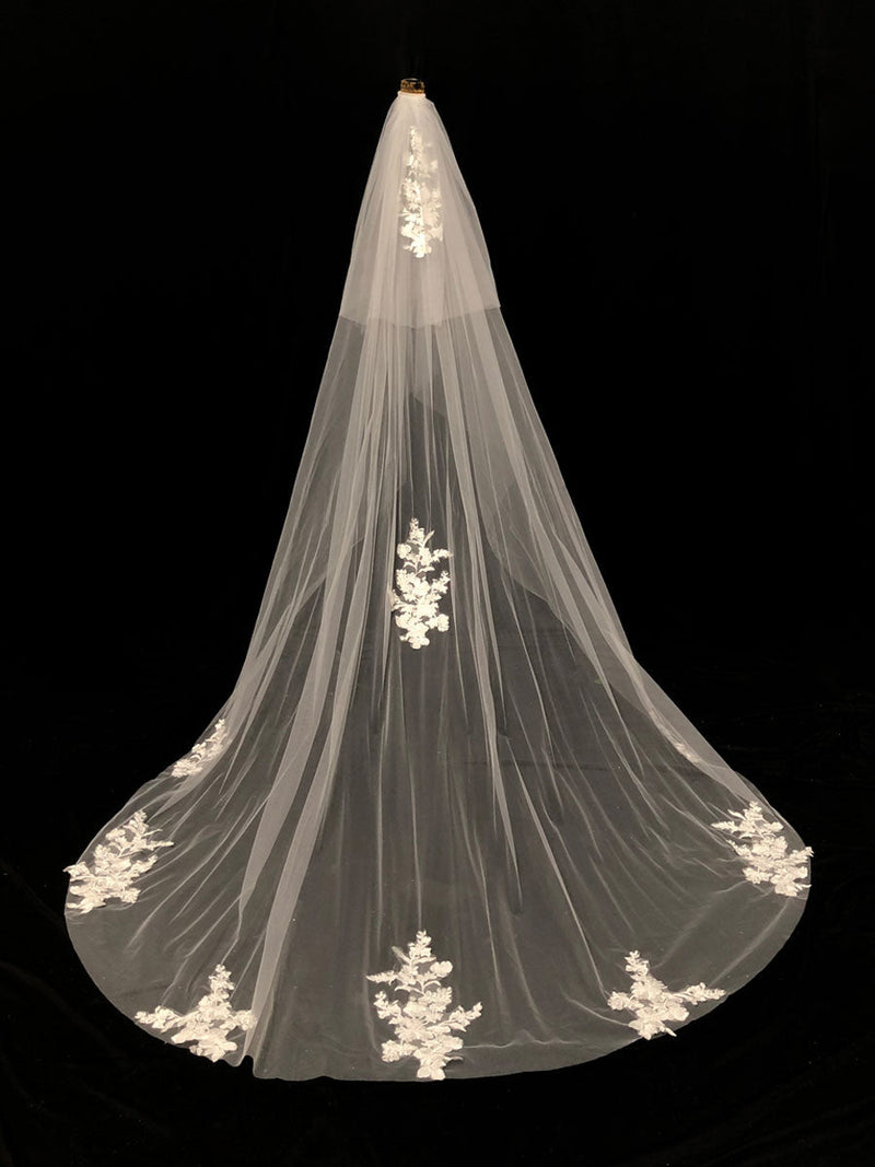 White Waterfall Two-Tier Lace Tulle Wedding Veils-Ballbella