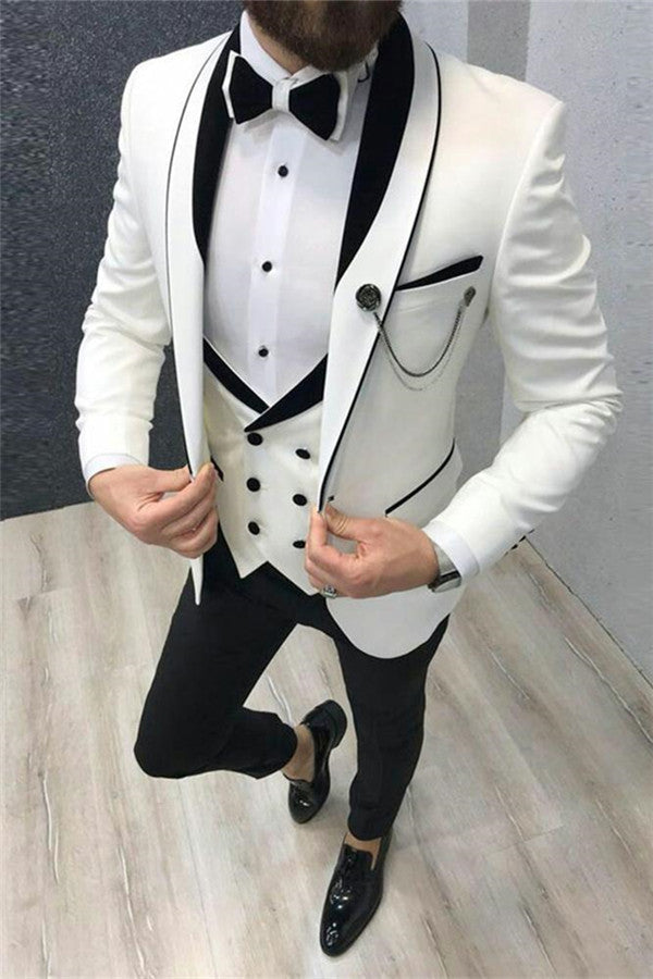 White Wedding Tuxedos with Black Lapel Groom Suits for Men Three-pieces ...