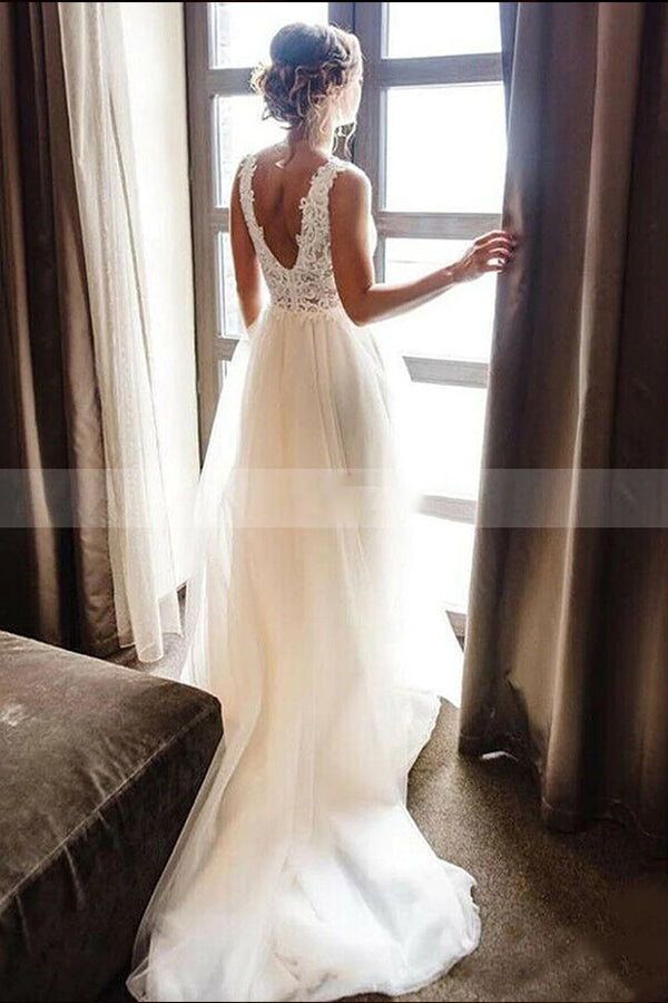 White/Ivory V Neck Lace Tulle Bridal Dress Aline Beach Wedding Dress-Ballbella