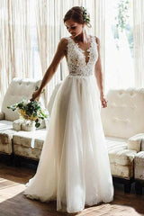 White/Ivory V Neck Lace Tulle Bridal Dress Aline Beach Wedding Dress-Ballbella