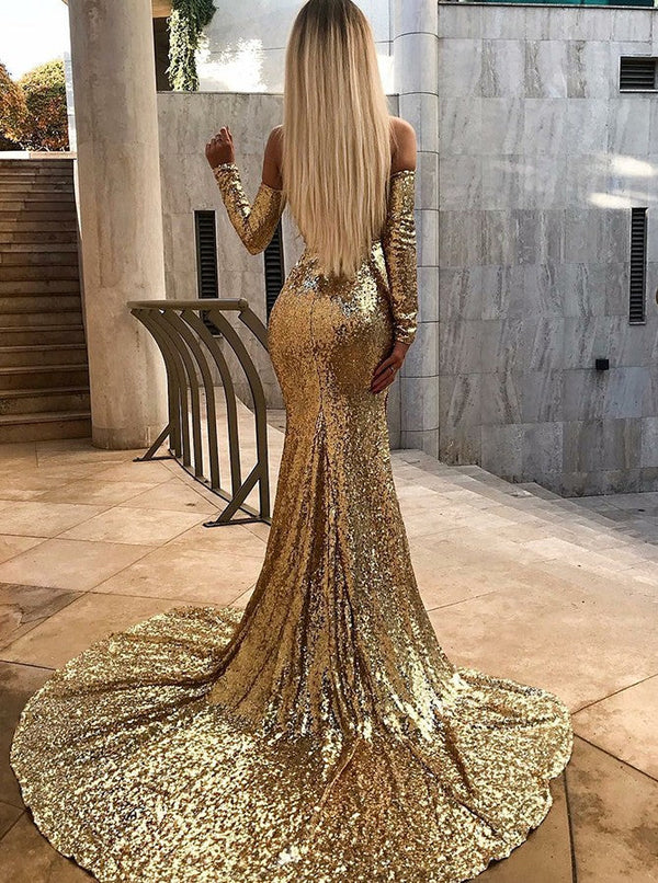 Wholesale Off-the-Shoulder Champagne Sequins Prom Dresses Elegant Long Sleeves Side Slit Evening Gowns-Ballbella