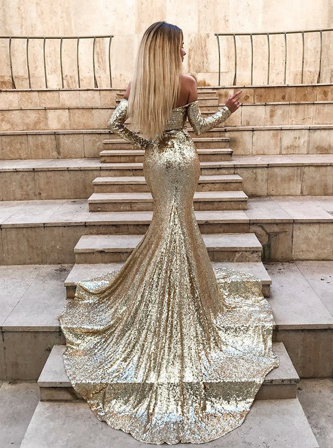 Wholesale Off-the-Shoulder Champagne Sequins Prom Dresses Elegant Long Sleeves Side Slit Evening Gowns-Ballbella