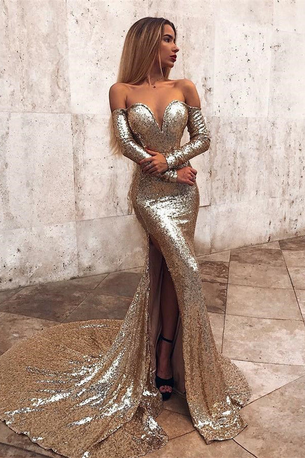 Wholesale Off-the-Shoulder Champagne Sequins Prom Dresses Elegant Long Sleeves Side Slit Evening Gowns-Ballbella