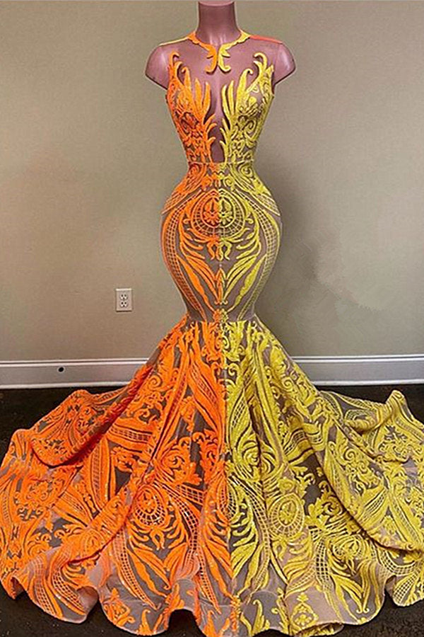 Yellow and Orange Mermaid Prom Dress Lace Long On Sale-Ballbella