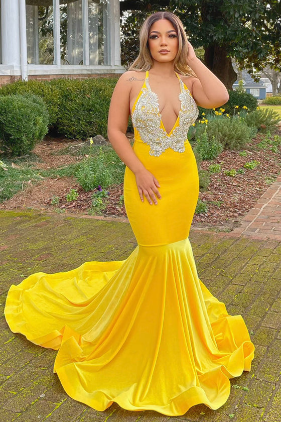 Yellow Appliques Lace V-Neck Spaghetti Straps Long Mermaid Prom Dress-Ballbella