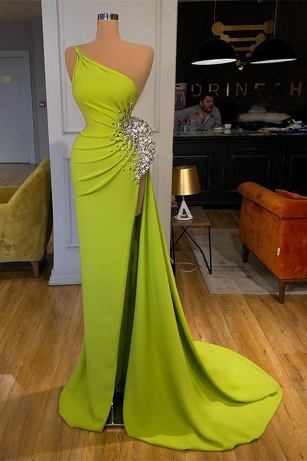 Yellow Green One Shoulder Mermaid Prom Dress Long Split With Beads-Ballbella