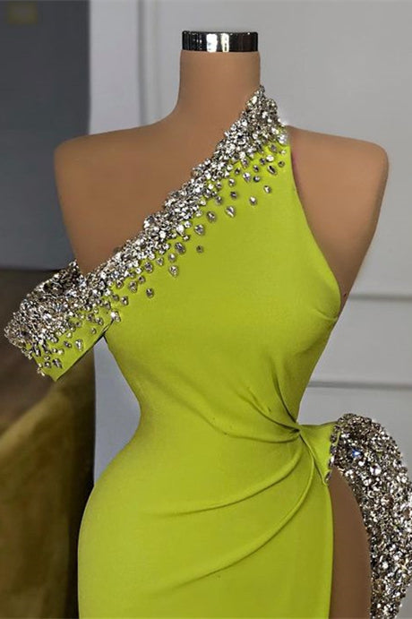 Yellow Green One Shoulder Mermaid Prom Dress Slit Long With Crystals-Ballbella