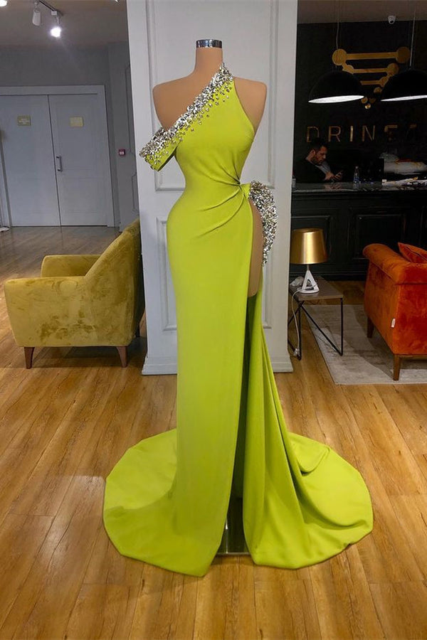 Yellow Green One Shoulder Mermaid Prom Dress Slit Long With Crystals-Ballbella