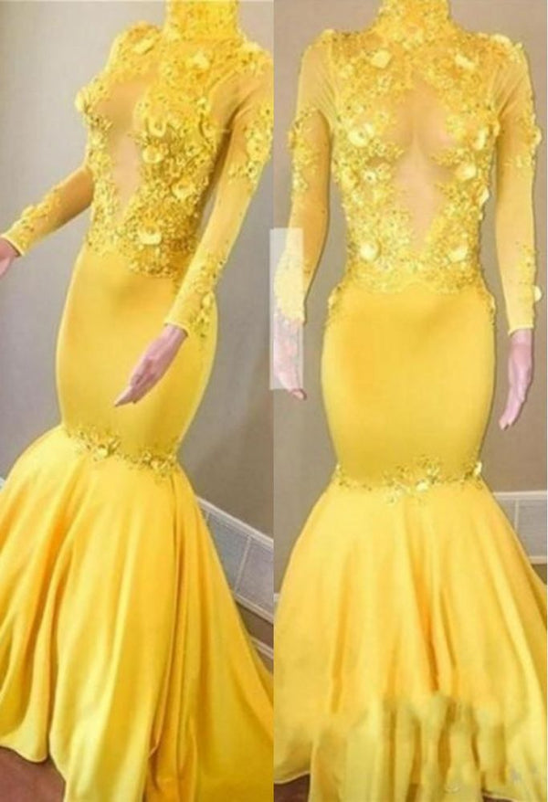 Yellow High Neck Flower Appliques Mermaid Long Sleevess Prom Dresses-Ballbella