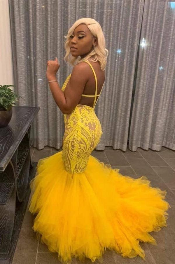 Yellow Mermaid Lace Puffy Tulle Open back Long Prom Party Gowns-Ballbella