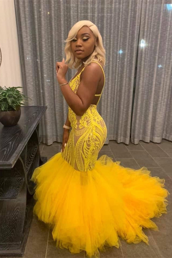 Yellow Mermaid Lace Puffy Tulle Open back Long Prom Party Gowns-Ballbella