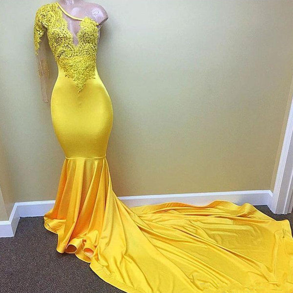 Yellow one shoulder mermaid prom dress, lace evening dresses-Ballbella