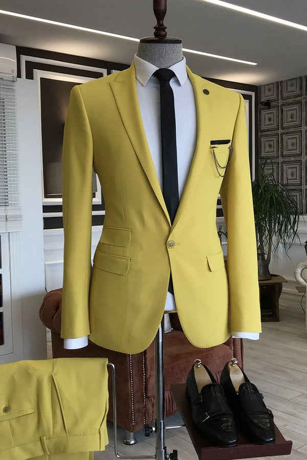 Yellow Peaked Lapel One Button 3 Flaps Men's Prom Suits-Ballbella