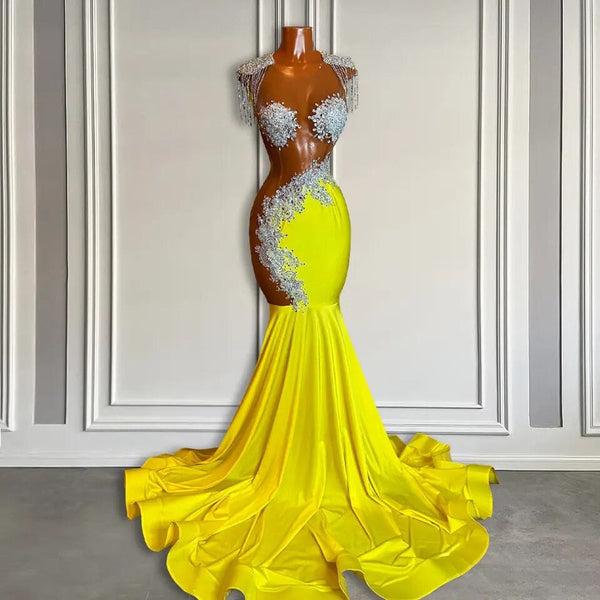 Yellow Scoop Prom Dress with Beadings and Tassels - Mermaid Long-Ballbella